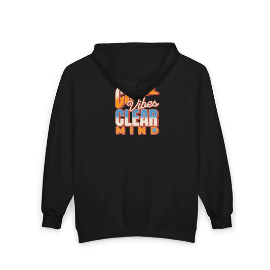 A black pullover hoodie shown from the back, featuring a colorful graphic print with the text 'G Vibes CLEAR MIND' in orange, white, and blue. Shop online Comfortable Chill Vibes Clear Mind Zip Hoodie Casual Wear for soft, everyday comfort, relaxed style, and an effortlessly calm look. Elevate your off-duty wardrobe with the Comfortable Chill Vibes Clear Mind Zip Hoodie—made for warmth, ease, and relaxed moments. Buy the Comfortable Chill Vibes Clear Mind Zip Hoodie, designed for cozy layering.