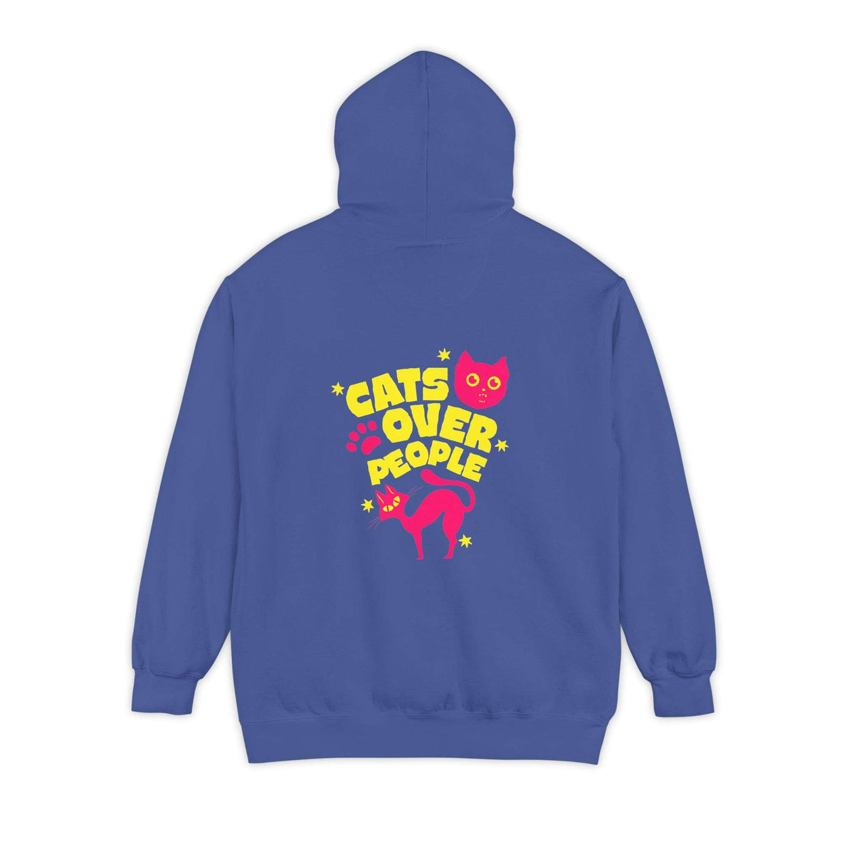 A royal blue hoodie shown from the back, featuring a colorful graphic print with the text 'CATS OVER PEOPLE' in yellow and pink, accompanied by cartoon cats and paw prints. Shop Comfortable Cats Over People Streetwear Hoodie Casual Wear for an easygoing, cat-inspired layer that brings comfort and street style. Buy Comfortable Cats Over People Streetwear Hoodie Casual Wear, made for relaxed outfits, cozy layers, and unapologetic cat fans. Upgrade your wardrobe with Comfort Cats Over People Streetwear Hoodie.