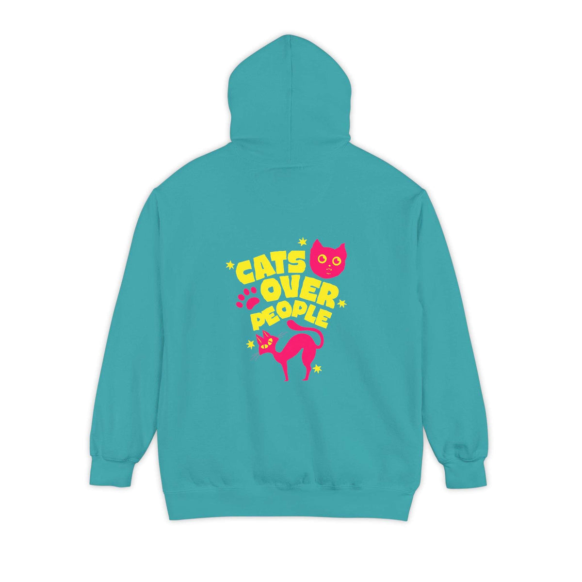 A turquoise hoodie shown from the back, featuring a colorful graphic print with the text 'CATS OVER PEOPLE' in yellow and pink cartoon cats and stars. Shop Comfortable Cats Over People Streetwear Hoodie Casual Wear for an easygoing, cat-inspired layer that brings comfort and street style. Buy Comfortable Cats Over People Streetwear Hoodie Casual Wear, made for relaxed outfits, cozy layers, and unapologetic cat fans. Upgrade your wardrobe with Comfortable Cats Over People Streetwear Hoodie Casual Wear.