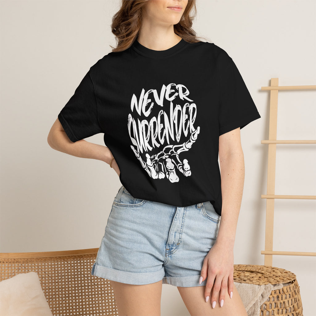 Make a statement in the Never Surrender Motivational Skull Graphic T-Shirt Casual Wear, designed for determined minds and fearless everyday style. Shop the Never Surrender Motivational Skull Graphic T-Shirt for a bold, resilient look that inspires confidence wherever you go. Buy the Never Surrender Motivational Skull Graphic T-Shirt, a powerful graphic tee for rebels, fighters, and dream chasers.