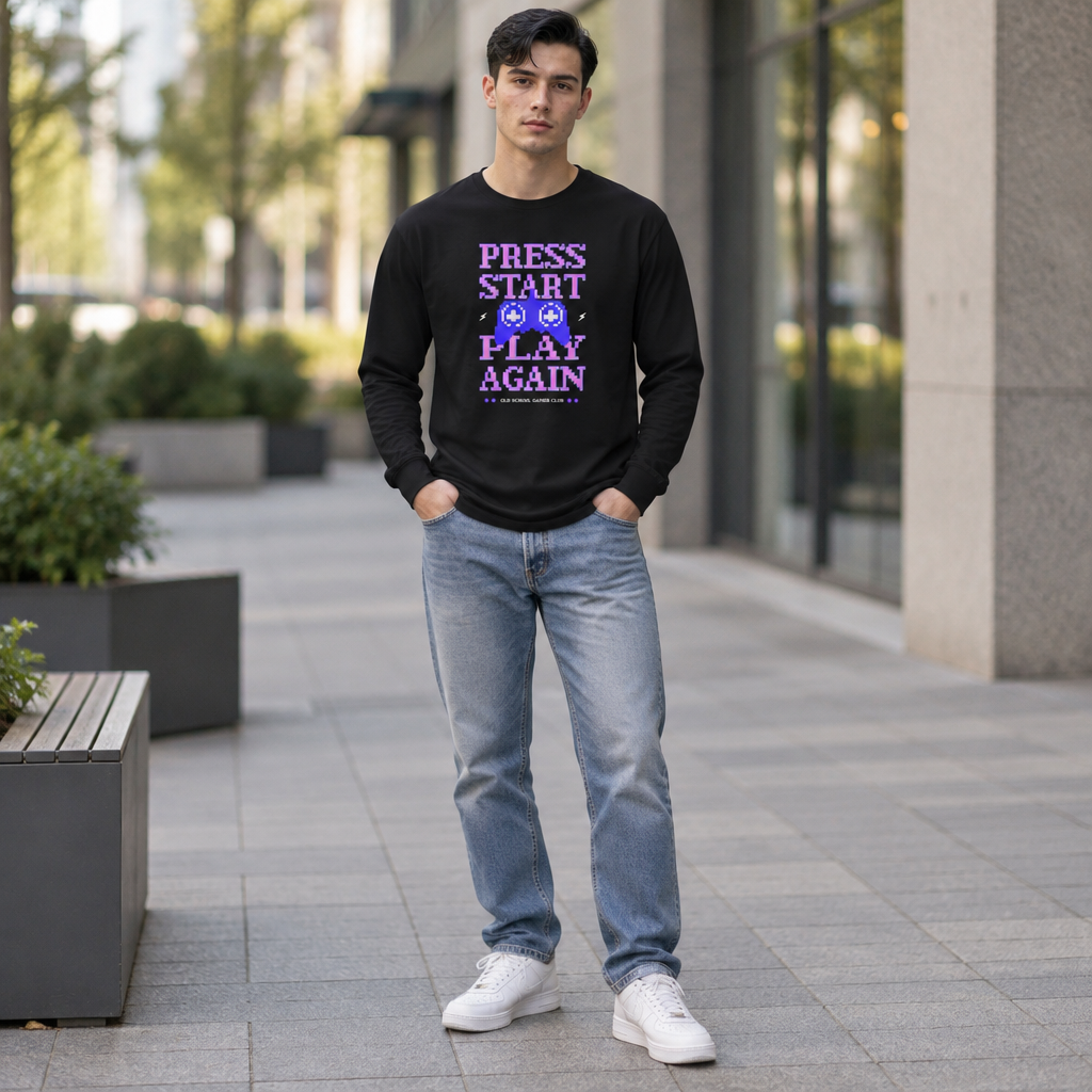 (AI-generated model) Gaming Press Start Play Again Long Sleeve T-Shirt Casual Wear Level up your casual wardrobe with the Gaming Press Start Play Again Long Sleeve T-Shirt, made for gamers who never quit playing. Show your love of gaming in the Gaming Press Start Play Again Long Sleeve T-Shirt, perfect for game nights and everyday wear. Level up your casual wardrobe with the Gaming Press Start Play Again Long Sleeve T-Shirt, made for gamers who never quit playing. (AI-generated model)