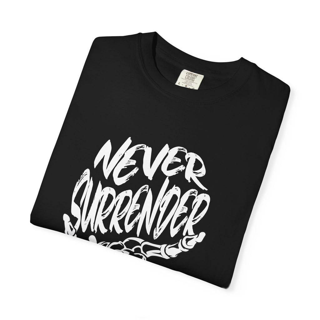 Make a statement in the Never Surrender Motivational Skull Graphic T-Shirt Casual Wear, designed for determined minds and fearless everyday style. Shop the Never Surrender Motivational Skull Graphic T-Shirt for a bold, resilient look that inspires confidence wherever you go. Buy the Never Surrender Motivational Skull Graphic T-Shirt, a powerful graphic tee for rebels, fighters, and dream chasers.