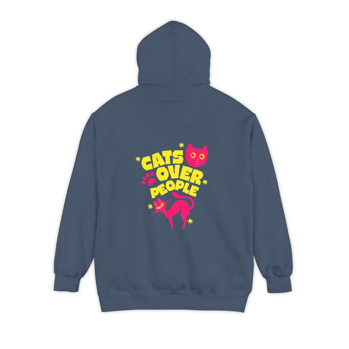 A navy blue hoodie shown from the back, featuring a colorful graphic print with the text 'CATS OVER PEOPLE' in yellow and pink, accompanied by cartoon cat illustrations. Shop Comfortable Cats Over People Streetwear Hoodie Casual Wear for an easygoing, cat-inspired layer that brings comfort and street style. Buy Comfortable Cats Over People Streetwear Hoodie Casual Wear, made for relaxed outfits, cozy layers, and unapologetic cat fans. Upgrade your wardrobe with Comfortable Cats Over People Streetwear Hoodie