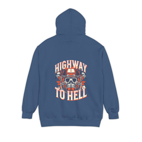 A blue pullover hoodie shown from the back, featuring a large graphic print with the words 'HIGHWAY TO HELL' in white and orange around a skull and crossed bones design. Shop Bold Highway To Hell Football Skull Graphic Hoodie Casual Wear for bold football-inspired streetwear with skull graphic and cozy hoodie style. Buy Bold Highway To Hell Football Skull Graphic Hoodie brings edgy game-day style with a striking skull design, cozy comfort, and standout attitude.