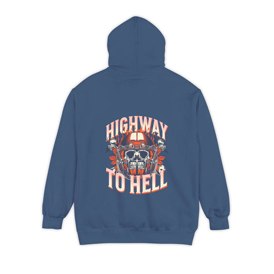 A blue pullover hoodie shown from the back, featuring a large graphic print with the words 'HIGHWAY TO HELL' in white and orange around a skull and crossed bones design. Shop Bold Highway To Hell Football Skull Graphic Hoodie Casual Wear for bold football-inspired streetwear with skull graphic and cozy hoodie style. Buy Bold Highway To Hell Football Skull Graphic Hoodie brings edgy game-day style with a striking skull design, cozy comfort, and standout attitude.