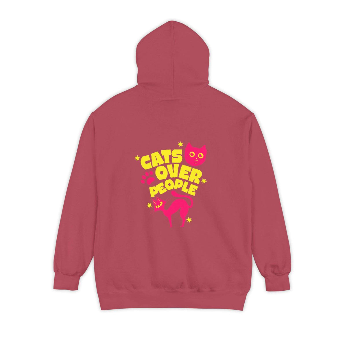 A dusty rose pink hoodie shown from the back, featuring a colorful graphic print with the text 'CATS OVER PEOPLE' in yellow and a pink cat illustration. Shop Comfortable Cats Over People Streetwear Hoodie Casual Wear for an easygoing, cat-inspired layer that brings comfort and street style. Buy Comfortable Cats Over People Streetwear Hoodie Casual Wear, made for relaxed outfits, cozy layers, and unapologetic cat fans. Upgrade your wardrobe with Comfortable Cats Over People Streetwear Hoodie Casual Wear.