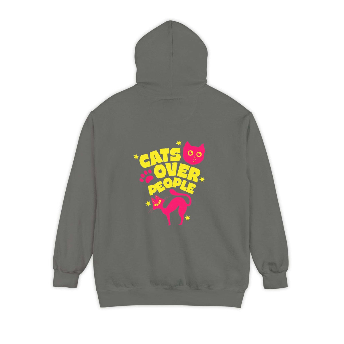 A dark gray hoodie shown from the back, featuring a colorful graphic print with the text 'CATS OVER PEOPLE' in yellow and pink alongside cartoon cats and paw prints. Shop Comfortable Cats Over People Streetwear Hoodie Casual Wear for an easygoing, cat-inspired layer that brings comfort and street style. Buy Comfortable Cats Over People Streetwear Hoodie Casual Wear, made for relaxed outfits, cozy layers, and unapologetic cat fans. Upgrade your wardrobe with Comfortable Cats Over People Streetwear Hoodie.