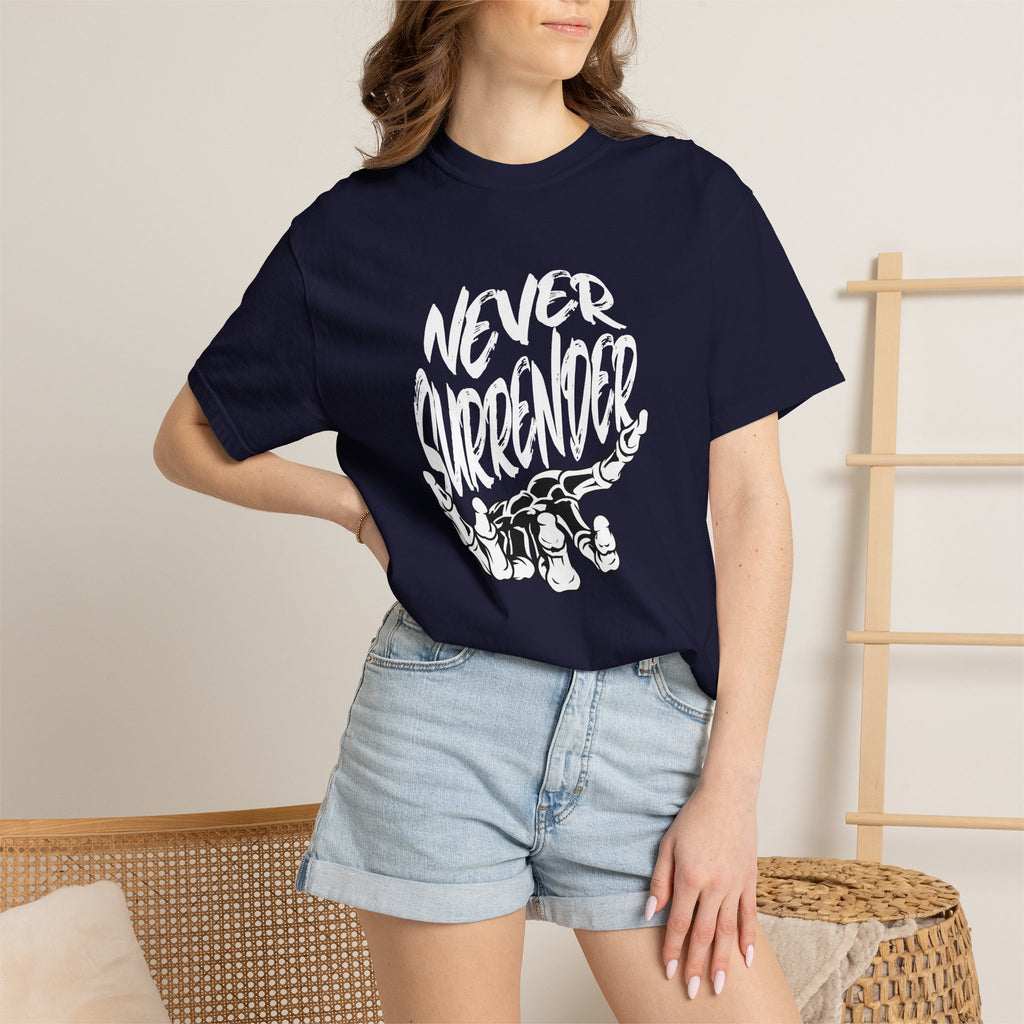 Make a statement in the Never Surrender Motivational Skull Graphic T-Shirt Casual Wear, designed for determined minds and fearless everyday style. Shop the Never Surrender Motivational Skull Graphic T-Shirt for a bold, resilient look that inspires confidence wherever you go. Buy the Never Surrender Motivational Skull Graphic T-Shirt, a powerful graphic tee for rebels, fighters, and dream chasers.
