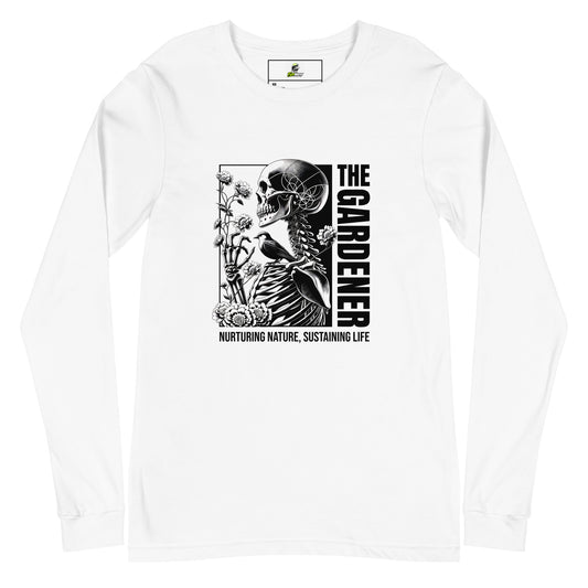 A white long-sleeve crewneck t-shirt featuring a black graphic print on the front. The graphic depicts a human skeleton and a bird among flowers, with the text 'THE GARDENER' and 'NURTURING NATURE, SUSTAINING LIFE'.