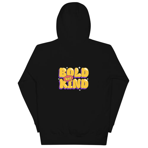 A black pullover hoodie shown from the back, featuring a retro-style graphic print in the center that reads 'BOLD but KIND' in yellow and purple bubble letters with small white star accents. Casual Bold But Kind Zip Hoodie for Daily Comfort Shop the Casual Bold But Kind Hoodie for Daily Comfort and enjoy cozy everyday layering with a confident message and easygoing appeal. Upgrade your wardrobe with the Casual Bold But Kind Hoodie for Daily Comfort—made for relaxed moments, daily errands, and standout style