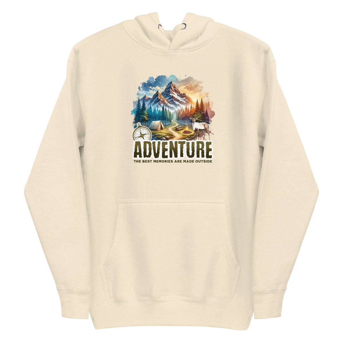 An off-white hooded sweatshirt with a colorful mountain landscape graphic and the word 'ADVENTURE' printed on the chest, shown against a plain white background. Shop Life Is Adventure Streetwear Hoodie Casual Wear, blending casual comfort and statement design for your next city escape or weekend adventure. Explore the Life Is Adventure Streetwear Hoodie Casual Wear collection—comfortable, bold layers designed for everyday journeys and standout style. Buy Life Is Adventure Streetwear Hoodie Casual Wear.