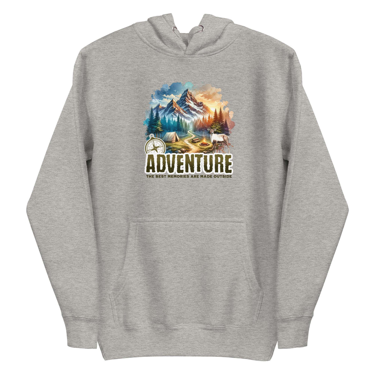 A heather gray pullover hoodie with a colorful outdoor mountain landscape graphic on the chest and the word 'ADVENTURE' printed below it, shown on a plain white background. Shop Life Is Adventure Streetwear Hoodie Casual Wear, blending casual comfort and statement design for your next city escape or weekend adventure. Explore the Life Is Adventure Streetwear Hoodie Casual Wear collection—comfortable, bold layers designed for everyday journeys and standout style. Buy Life Is Adventure Streetwear Hoodie.