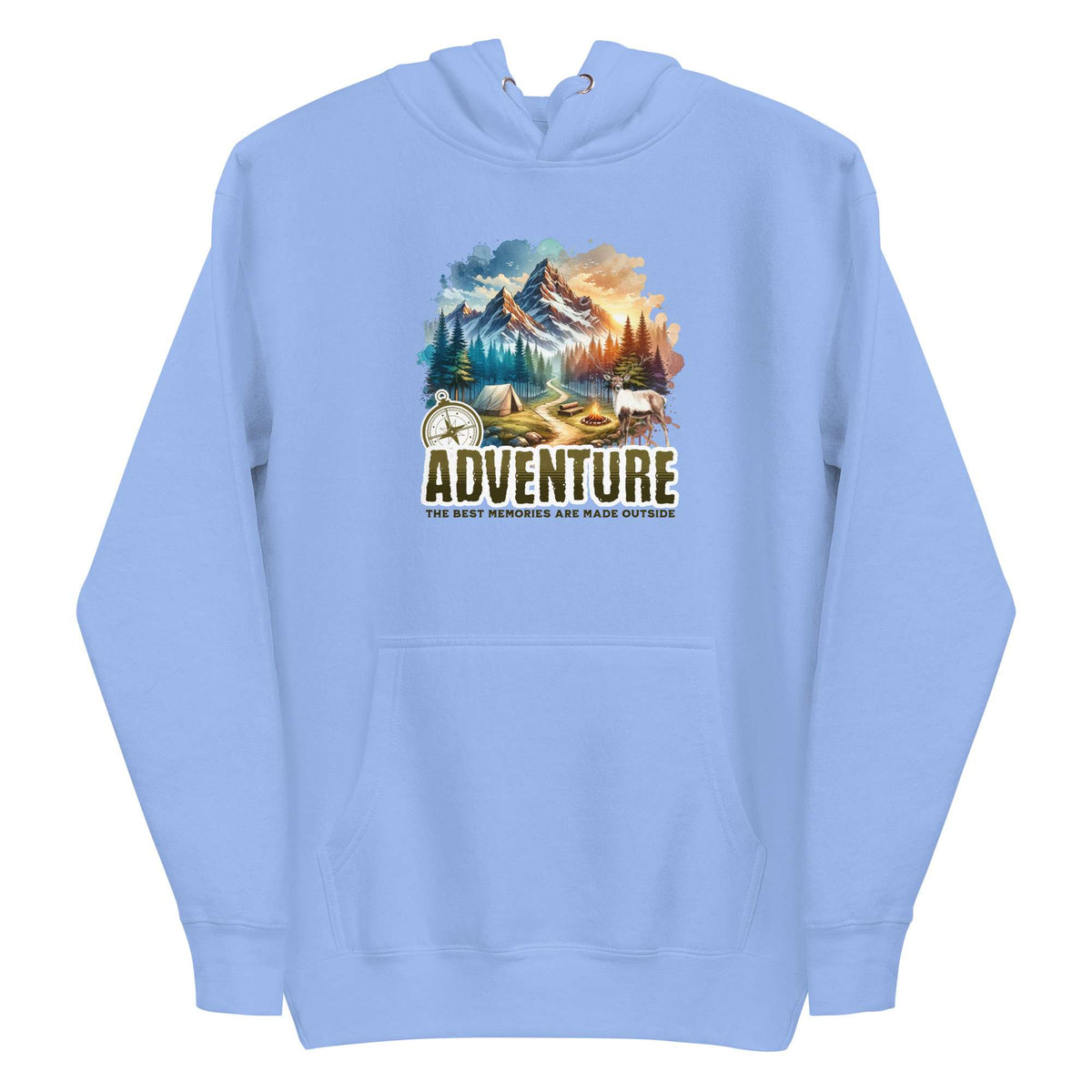 A light blue pullover hoodie with a colorful outdoor mountain landscape graphic on the chest, featuring the word 'ADVENTURE' and the text 'THE BEST MEMORIES ARE MADE OUTSIDE'. Shop Life Is Adventure Streetwear Hoodie Casual Wear, blending casual comfort and statement design for your next city escape or weekend adventure. Explore the Life Is Adventure Streetwear Hoodie Casual Wear collection—comfortable, bold layers designed for everyday journeys and standout style. Buy Life Is Adventure Streetwear Hoodie.