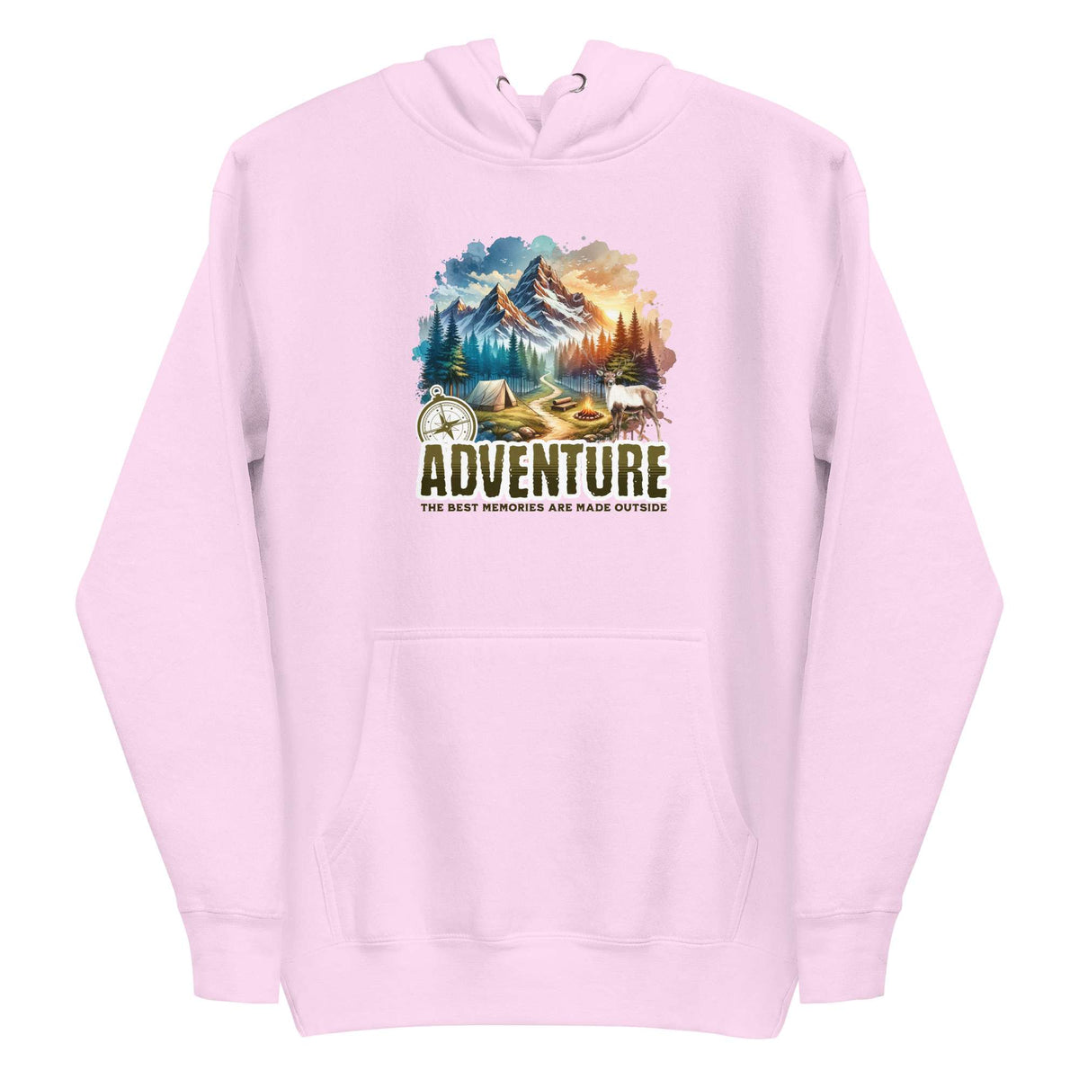 A light pink pullover hoodie with a colorful outdoor mountain landscape graphic on the chest, featuring the word 'ADVENTURE' and the text 'THE BEST MEMORIES ARE MADE OUTSIDE'. Shop Life Is Adventure Streetwear Hoodie Casual Wear, blending casual comfort and statement design for your next city escape or weekend adventure. Explore the Life Is Adventure Streetwear Hoodie Casual Wear collection—comfortable, bold layers designed for everyday journeys and standout style. Buy Life Is Adventure Streetwear Hoodie.