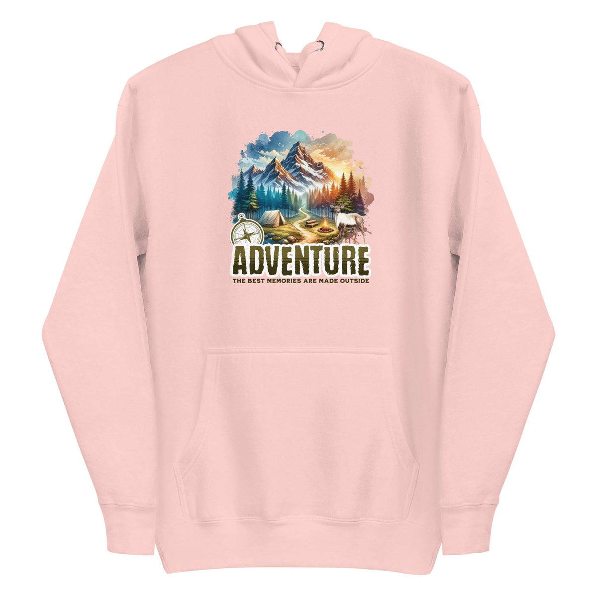 A light pink pullover hoodie with a colorful mountain landscape graphic and the word 'ADVENTURE' printed on the chest, shown against a plain white background. Shop Life Is Adventure Streetwear Hoodie Casual Wear, blending casual comfort and statement design for your next city escape or weekend adventure. Explore the Life Is Adventure Streetwear Hoodie Casual Wear collection—comfortable, bold layers designed for everyday journeys and standout style. Buy Life Is Adventure Streetwear Hoodie Casual Wear.