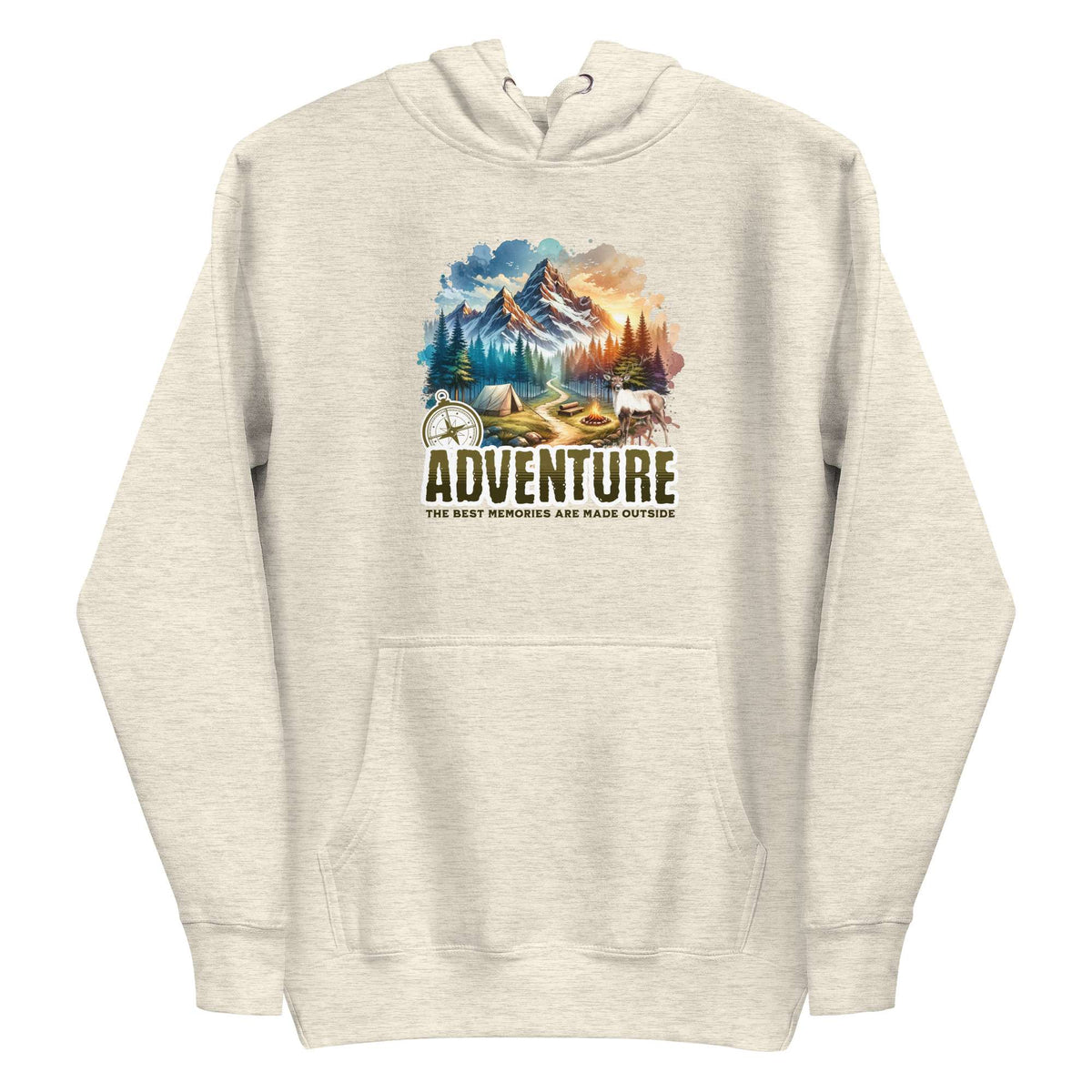 A light heather gray pullover hoodie with a colorful outdoor mountain landscape graphic on the chest, featuring the word ADVENTURE and the phrase 'THE BEST MEMORIES ARE MADE OUTSIDE'. Shop Life Is Adventure Streetwear Hoodie Casual Wear, blending casual comfort and statement design for your next city escape or weekend adventure. Explore the Life Is Adventure Streetwear Hoodie Casual Wear collection—comfortable, bold layers designed for everyday journeys and standout style. Buy Life Is Adventure Streetwear.