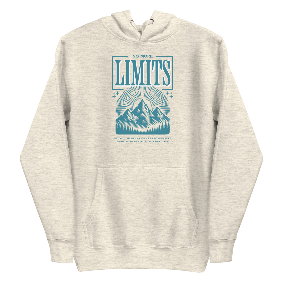 A light heather gray pullover hoodie with a blue graphic print on the front. The graphic features the text 'NO MORE LIMITS' above an illustration of a mountain and trees, with smaller text below. Shop unique No More Limits Mountains Outdoor Graphic Hoodie Casual Wear for a bold mountain look, comfortable warmth, and go-anywhere wear. Stay warm in the No More Limits Mountains Outdoor Graphic Hoodie—an easygoing essential for hikes, campfires, and casual weekends. Buy the No More Limits Mountains Hoodie.