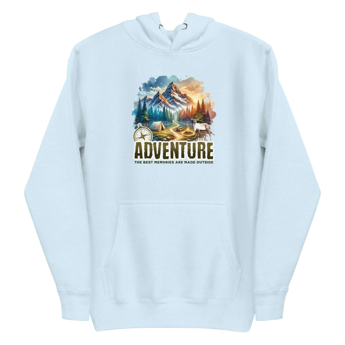 A light blue pullover hoodie with a colorful outdoor mountain landscape graphic on the chest, featuring the word 'ADVENTURE' and the phrase 'THE BEST MEMORIES ARE MADE OUTSIDE'. Shop Life Is Adventure Streetwear Hoodie Casual Wear, blending casual comfort and statement design for your next city escape or weekend adventure. Explore the Life Is Adventure Streetwear Hoodie Casual Wear collection—comfortable, bold layers designed for everyday journeys and standout style. Buy Life Is Adventure Streetwear Hoodie.