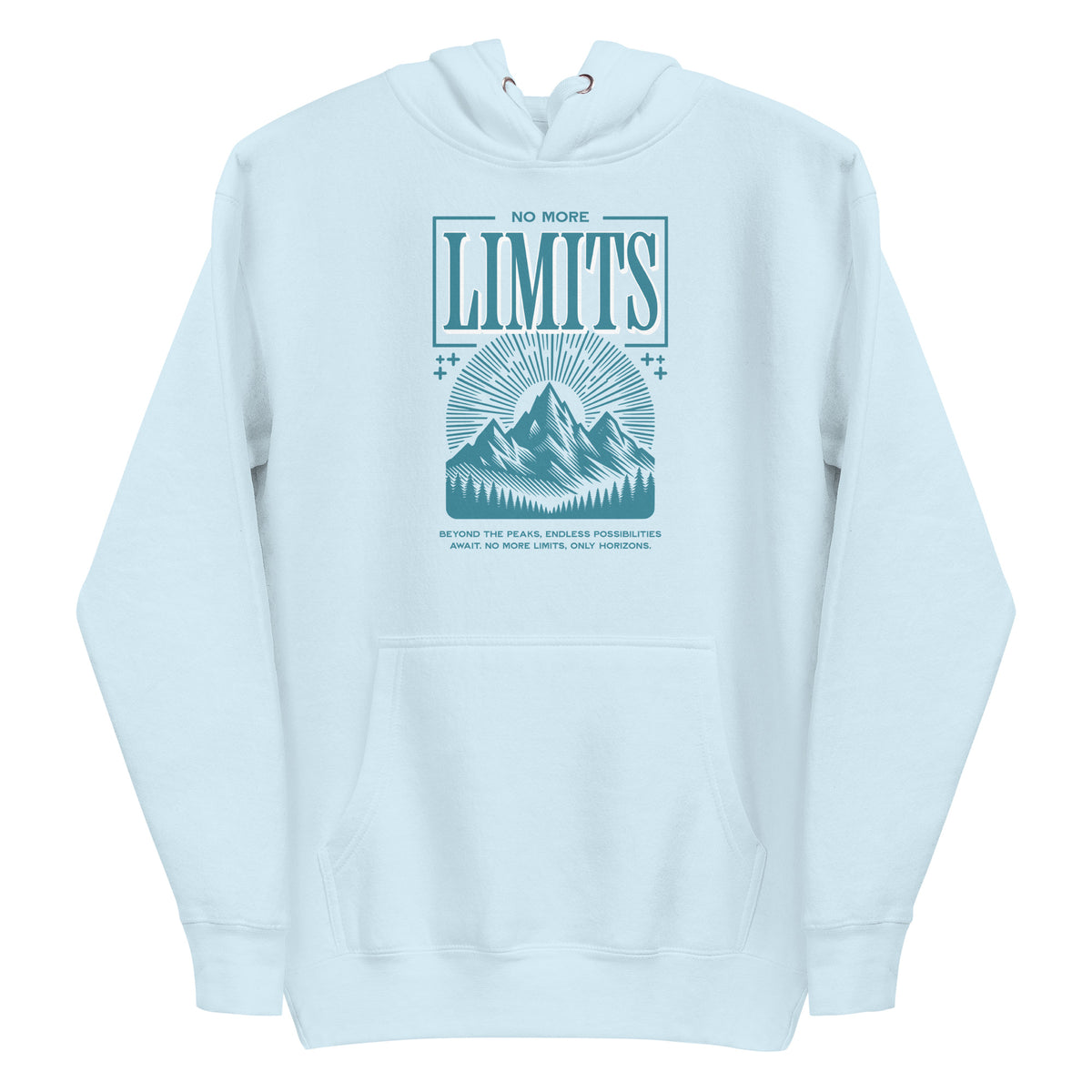 A light blue pullover hoodie with a teal graphic print on the chest featuring a mountain illustration and the text 'NO MORE LIMITS'. Shop unique No More Limits Mountains Outdoor Graphic Hoodie Casual Wear for a bold mountain look, comfortable warmth, and go-anywhere wear. Stay warm in the No More Limits Mountains Outdoor Graphic Hoodie—an easygoing essential for hikes, campfires, and casual weekends. Buy the No More Limits Mountains Outdoor Graphic Hoodie, built for cozy layers, trail days.