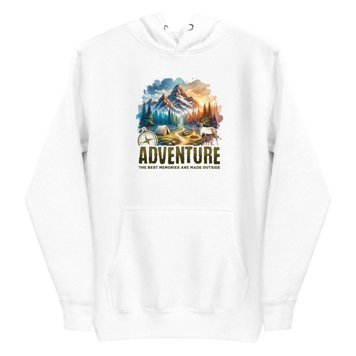 A white pullover hoodie with a colorful outdoor mountain landscape graphic on the chest, featuring the word 'ADVENTURE' and the phrase 'THE BEST MEMORIES ARE MADE OUTSIDE'. Shop Life Is Adventure Streetwear Hoodie Casual Wear, blending casual comfort and statement design for your next city escape or weekend adventure. Explore the Life Is Adventure Streetwear Hoodie Casual Wear collection—comfortable, bold layers designed for everyday journeys and standout style. Buy Life Is Adventure Streetwear Hoodie.
