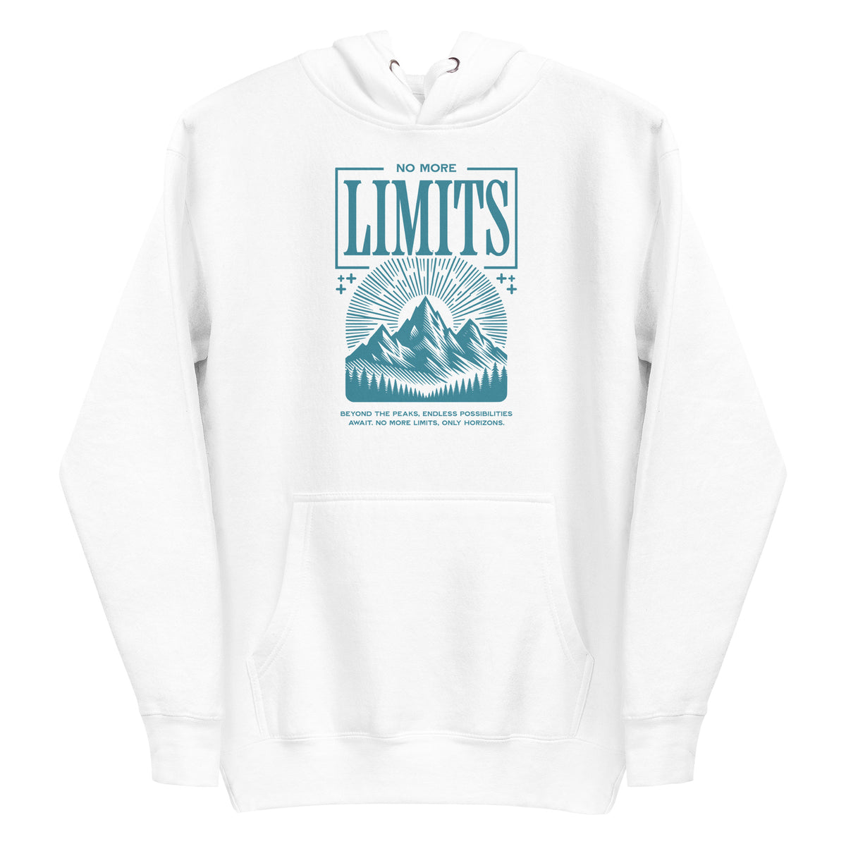 A white pullover hoodie with a teal graphic print on the chest featuring the text 'NO MORE LIMITS' above a mountain illustration and smaller text below, shown on a plain white background. Shop unique No More Limits Mountains Outdoor Graphic Hoodie Casual Wear for a bold mountain look, comfortable warmth, and go-anywhere wear. Stay warm in the No More Limits Mountains Outdoor Graphic Hoodie—an easygoing essential for hikes, campfires, and casual weekends. Buy the No More Limits Mountains Outdoor Hoodie.
