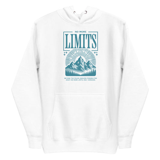 A white pullover hoodie with a teal graphic print on the chest featuring the text 'NO MORE LIMITS' above a mountain illustration and smaller text below, shown on a plain white background. Shop unique No More Limits Mountains Outdoor Graphic Hoodie Casual Wear for a bold mountain look, comfortable warmth, and go-anywhere wear. Stay warm in the No More Limits Mountains Outdoor Graphic Hoodie—an easygoing essential for hikes, campfires, and casual weekends. Buy the No More Limits Mountains Outdoor Hoodie.